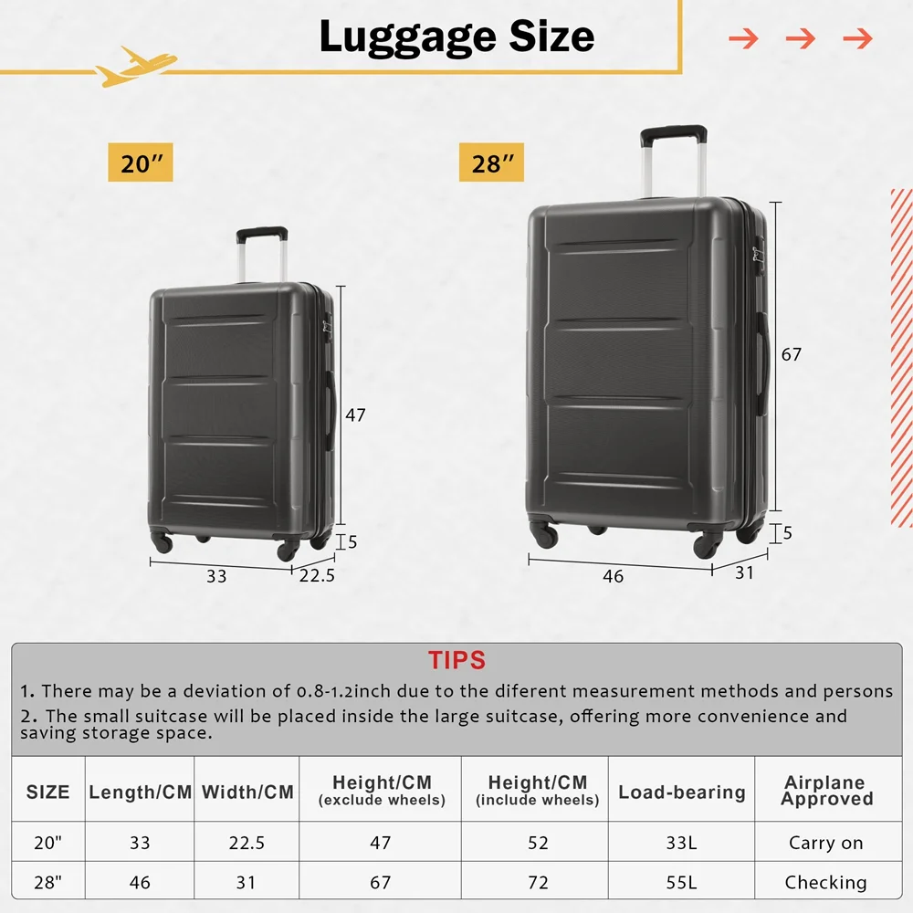 2 Piece Luggage Set with Bags Expanable Spinner Wheels ABS Lightweight Suitcase with TSA Lock 20inch+28inch (Set of 2) - Image 3