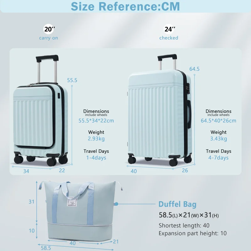 3 Piece Front Opening Hard Shell Travel Luggage Expandable Suitcase with USB Port Handbag Spinner Wheels and TSA Lock (Set of 3) - Image 3