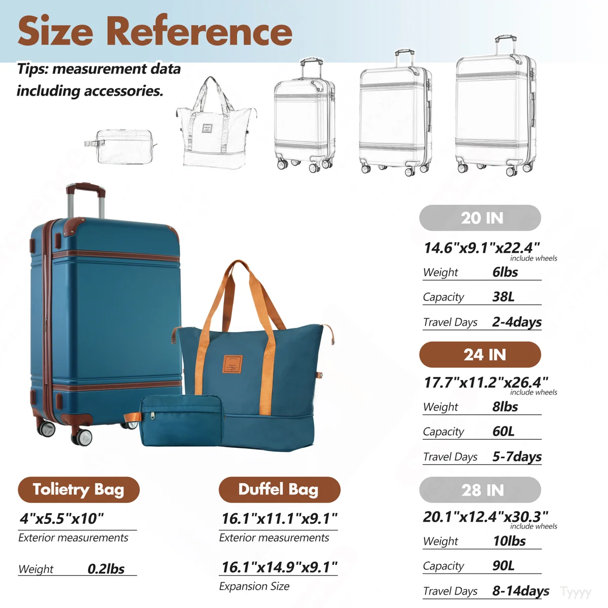 Hardshell Luggage Sets With Bags Lightweight Suitcase Double Spinner Wheels With TSA Lock ,Single Vintage Luggage 24 IN,Blue - Image 5