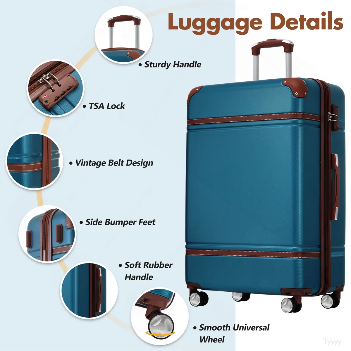 Hardshell Luggage Sets With Bags Lightweight Suitcase Double Spinner Wheels With TSA Lock ,Single Vintage Luggage 24 IN,Blue - Image 3
