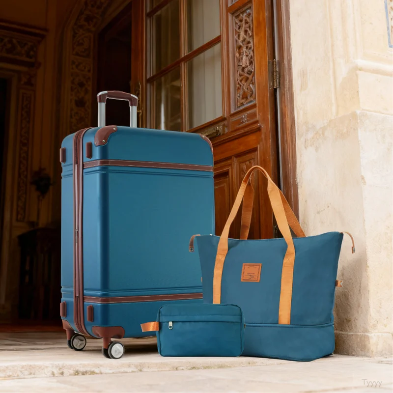 Hardshell Luggage Sets With Bags Lightweight Suitcase Double Spinner Wheels With TSA Lock ,Single Vintage Luggage 24 IN,Blue